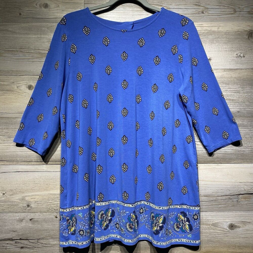J Jill Wearever Tunic Top 3/4 Sleeve Blue Floral Stretchy Size MED Pleat Keyhole